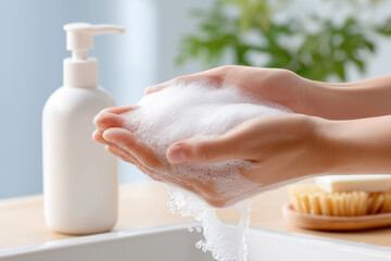 Hands holding foam while washing in a bright and clean bathroom with natural light