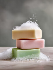 Colorful soap bars stacked with bubbly foam on a soft grey background