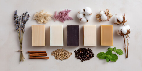 Natural handmade soaps arranged with herbs and flowers on a neutral background