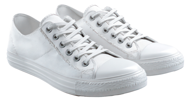 Pair of white canvas sneakers with intricate floral embroidery isolated on transparent background