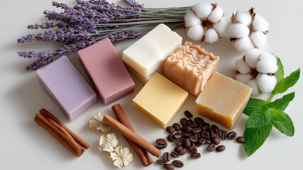 Natural handmade soaps arranged with herbs and flowers on a neutral background