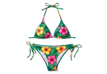 A tropical-print two-piece swimsuit featuring green palm leaves and vibrant yellow and pink hibiscus flowers displayed on a white background