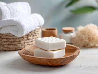 Luxurious bathroom setup with white towels, soaps, and elegant containers on a marble surface