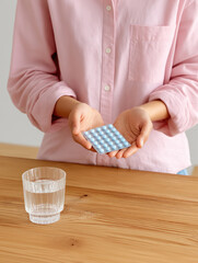 Person holding blue pills in hand near a glass of water on wooden table