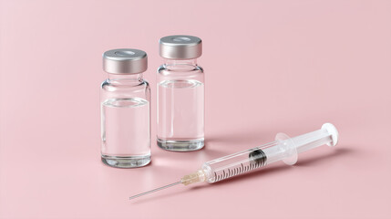 Vials and syringe for medical use on a pink background in a clinical setting