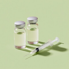 Vials and syringe for medical use on a green background in a clinical setting