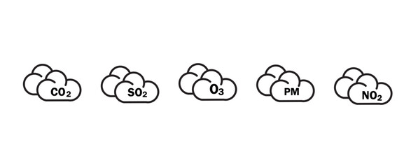  CO2, NO2, O3, SO2, PM emission and particulate matter polluted cloud icon. air pollution icon set png and vector illustration on transparent background