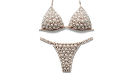 A two-piece garment a top and bottom intricately covered with various sizes of lustrous white pearls on a light-colored fabric