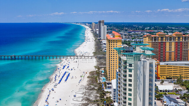 Aerial landscape of white sand beach resort on summer day in Panama City Beach Florida panhandle