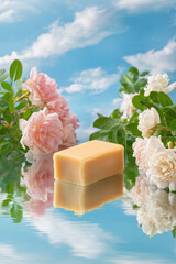 Beautiful soap bar surrounded by pink flowers and blue sky reflecting on the water