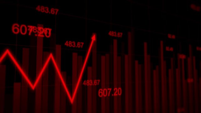 Red down loss futuristic stock market graph line move number price volatility chart tickers changing analysis
