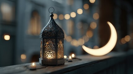 Ornate lantern with a crescent moon, showcasing warm lighting and a serene ambiance.