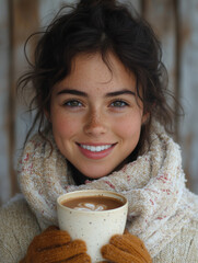 Young woman enjoys warm drink in cozy setting during winter