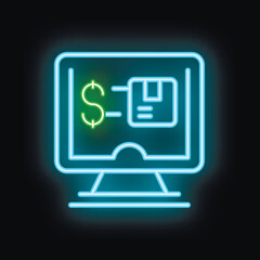 Neon sign illustrating online payment process for delivery service with dollar sign and cardboard box