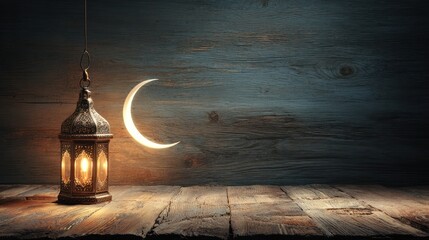 A warm, inviting image of a decorative lantern and crescent moon, illuminated against a weathered wooden backdrop.