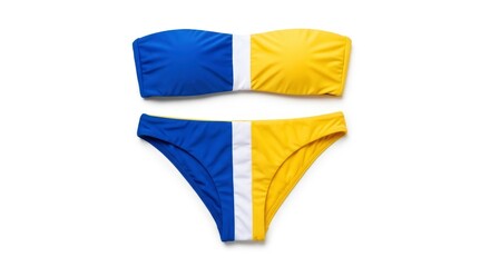 A two-piece swimsuit featuring a bandeau top and high-cut bottoms each designed with vertical color blocks of royal blue white and golden yellow laid flat on a plain background