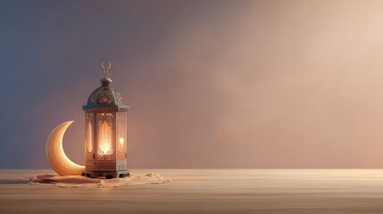 An ornate lantern, illuminated with warm light, sits beside a crescent moon, creating a serene and inviting scene on a wooden surface.