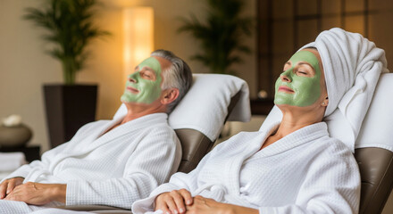 Senior couple man and woman relaxing while visiting spa salon, doing face mask, leisure of pensioners