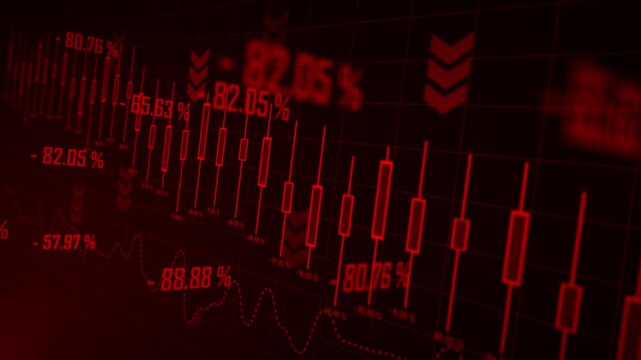 Economic crisis Red candles of the bearish stock market chart fall prices loss exchange trend down shut down debt investor short selling.
