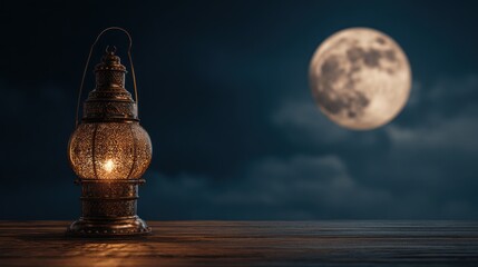 A decorative lantern, illuminated by a warm light, sits on a wooden surface under a large, luminous moon in a nighttime sky.