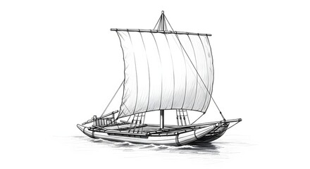 Illustration of a traditional outrigger sailing boat with a large white sail on the water surface