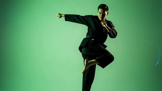 Dynamic martial artist performs a powerful flying kick surrounded by vibrant energy trails, showcasing incredible athleticism and skill in a visually stunning action sequence.