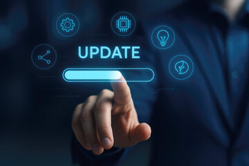 Hand touching update progress bar with technology icons on dark background digital software