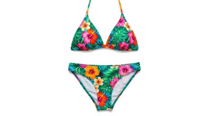 A two-piece swimwear set features a vibrant tropical pattern of green leaves and colorful hibiscus flowers in pink orange and yellow