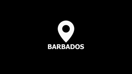 White Map Pin Icon Above Barbados Text on Black Background location marker destination