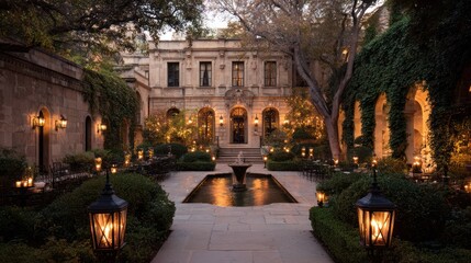 A meticulously landscaped courtyard, illuminated by warm candlelight, creates a romantic and elegant ambiance.