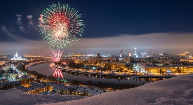 Fireworks Over Cityscape Night Celebration, New Year's Eve, Holiday
