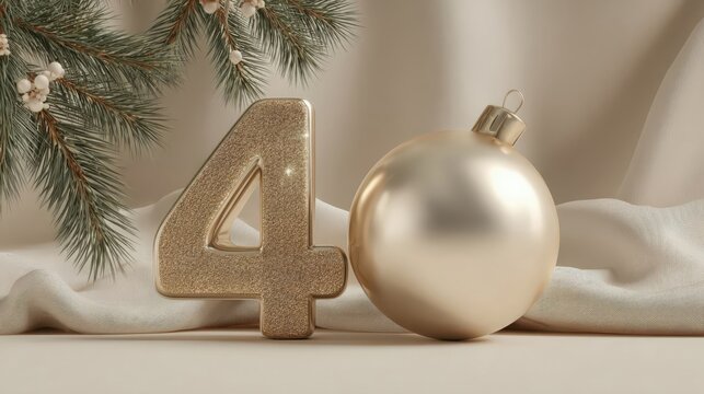 A golden number 4 and a shiny ornament sit on a soft fabric with pine branches in the background. The scene is festive and elegant, perfect for holiday celebrations.