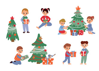 Children Decorating Christmas Trees With Gifts. White background, isolated. Flat cartoon style.