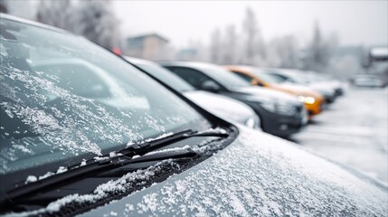 Snow covers parked cars in a winter scene reflecting cold weather in an urban parking lot