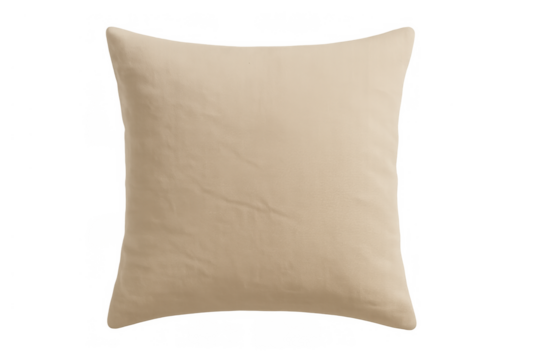 Beige square pillow, presenting a soft fabric texture and comfortable design element, isolated with a transparent background