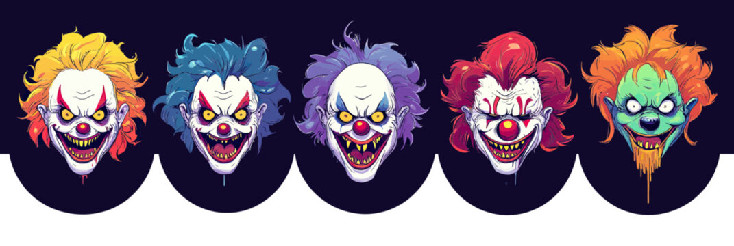 Set of five cartoon horror clown faces with evil smiles colorful hair Halloween scary circus monsters vector illustration in flat minimalist style