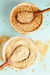 Flax Seeds and Ground Flax in Ceramic Bowls