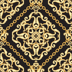 Seamless Golden and Beige Damask Pattern on Black Background