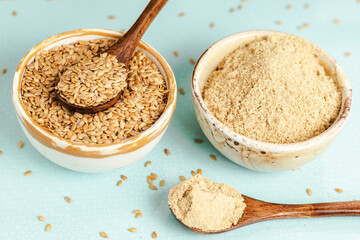 Flax Seeds and Ground Flax in Ceramic Bowls