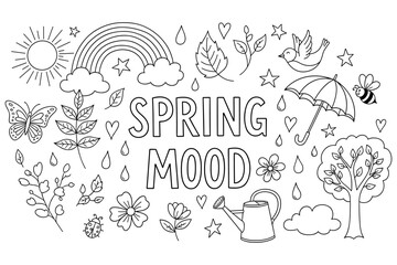 Spring mood doodle: nature elements with rainbow, flowers, and animals