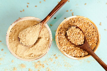 Flax Seeds and Ground Flax in Ceramic Bowls