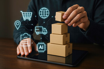Person stacking cardboard boxes on a tablet with digital logistics icons delivery shipping