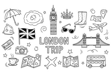 London trip: iconic landmarks and travel symbols in black and white doodles