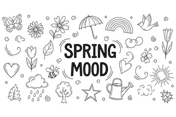 Spring mood: whimsical nature doodles of flowers, animals, and weather in black and white