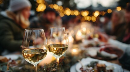 Outdoor gathering featuring wine glasses and warm lights, capturing a cozy and festive dining atmosphere.