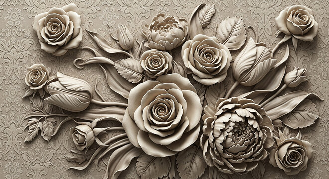 Fototapeta Classic Rose and Tulip 3D Relief Mural with Damask Background. Majestic 3D Wall Mural. floral landscapes. 3d floral art, floral wallpaper, Luxurious textile tile wall art