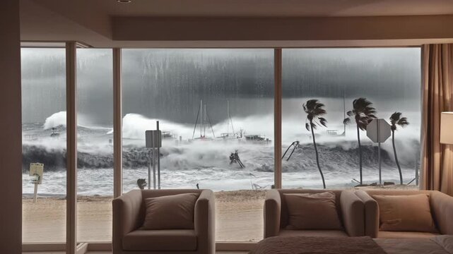 A powerful storm brings heavy waves that crash onto boats near the shore. Palm trees sway in the wind while rain pelts the large window, showcasing nature's fury