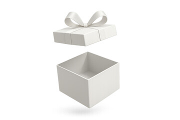 Open white gift box showing an empty interior, with its lid and ribbon floating above. Giving, surprise, and unboxing concepts