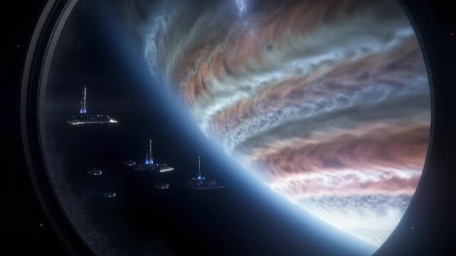 View stunning visuals of Jupiter as seen from a window plate of space stations. The swirling clouds and vivid colors create a breathtaking experience of the gas giant