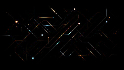Abstract digital circuit board network with glowing lines and data points on a dark background, representing modern technology and connectivity.